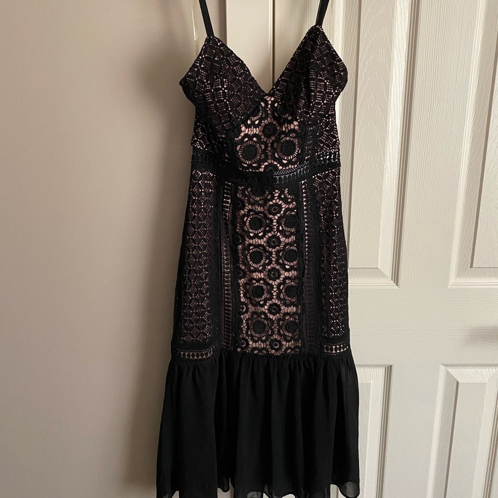 Glamorous black and pink lace midi dress.